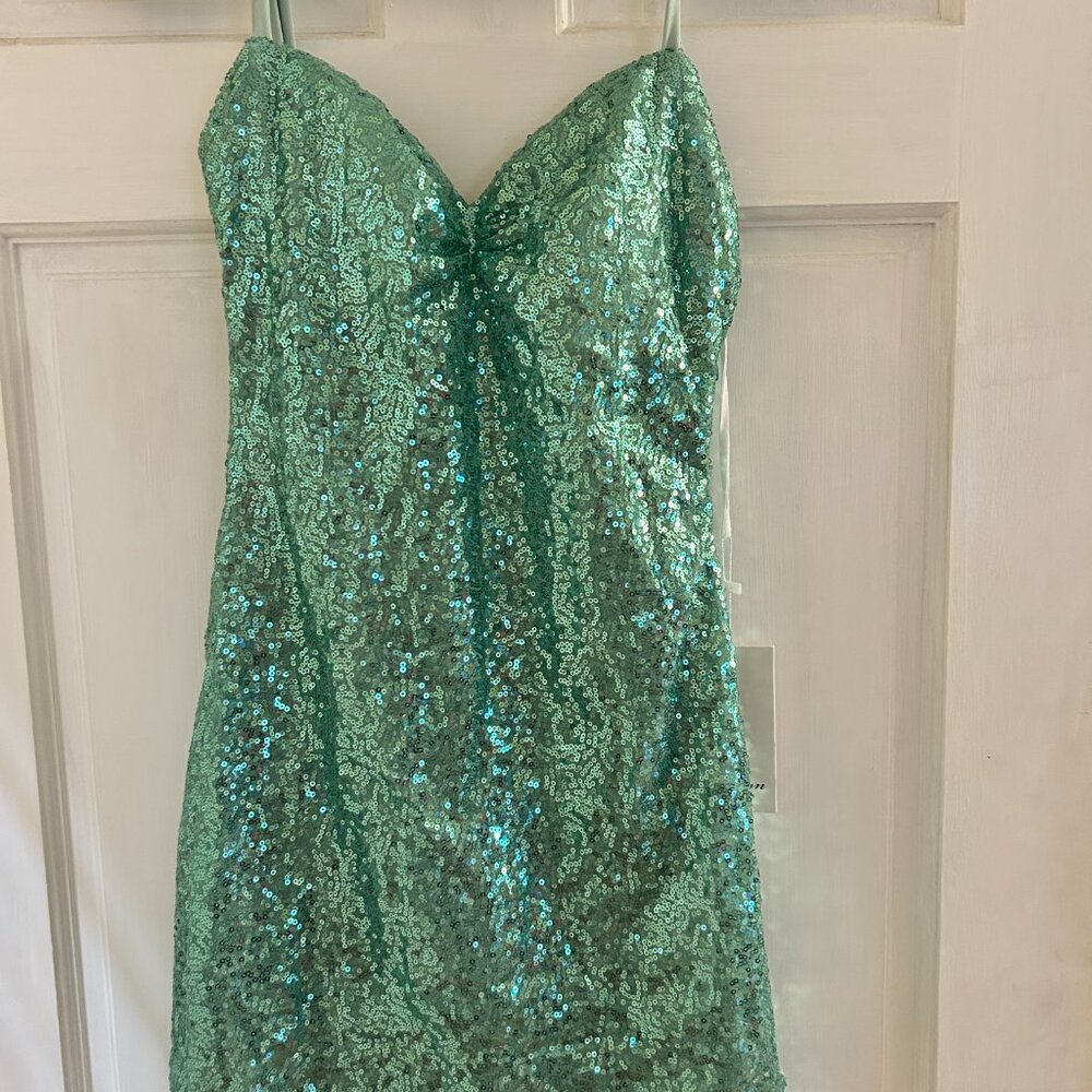 Sequin Spaghetti Strap Mini Dress in Aqua Mint Teal Homecoming - Picture 4 of 4